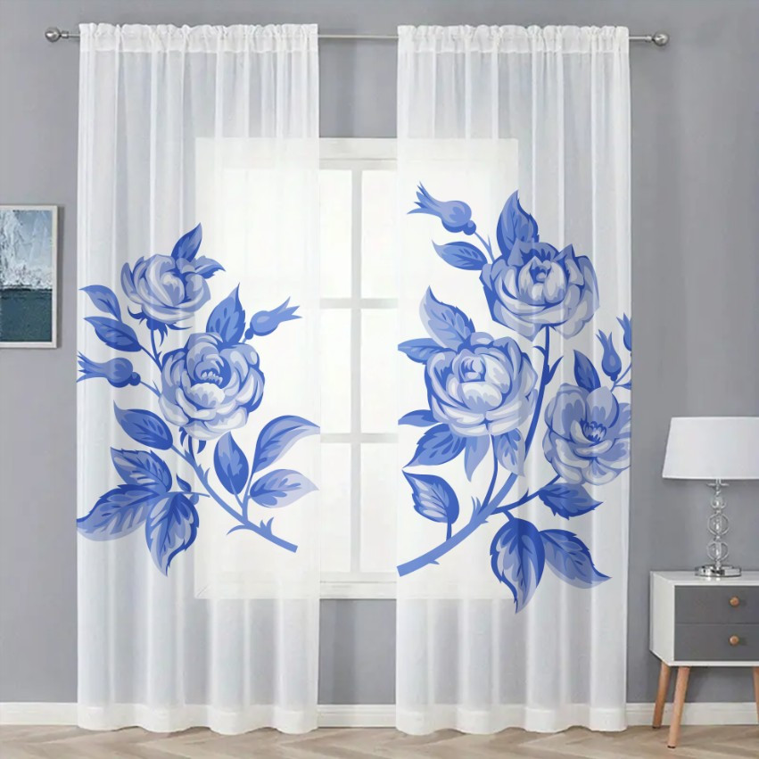 Гардина тюль комплект з 2х шт ніжні блакитні троянди 003