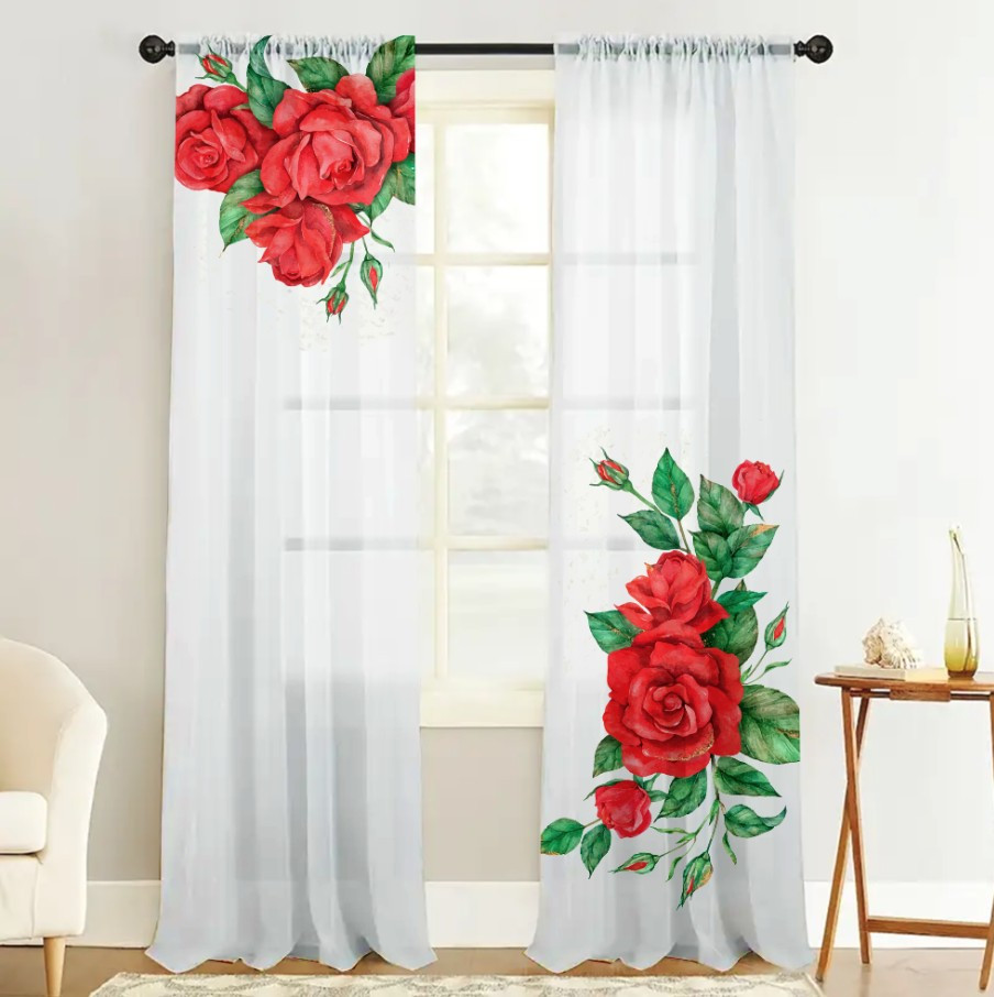 Гардина тюль комплект з 2х шт червоні троянди на білому фоні 02