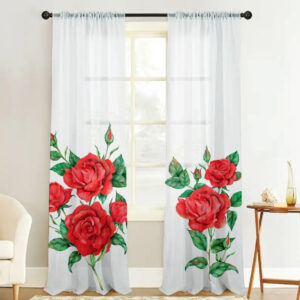 Гардина тюль комплект з 2х шт червоні троянди на білому фоні