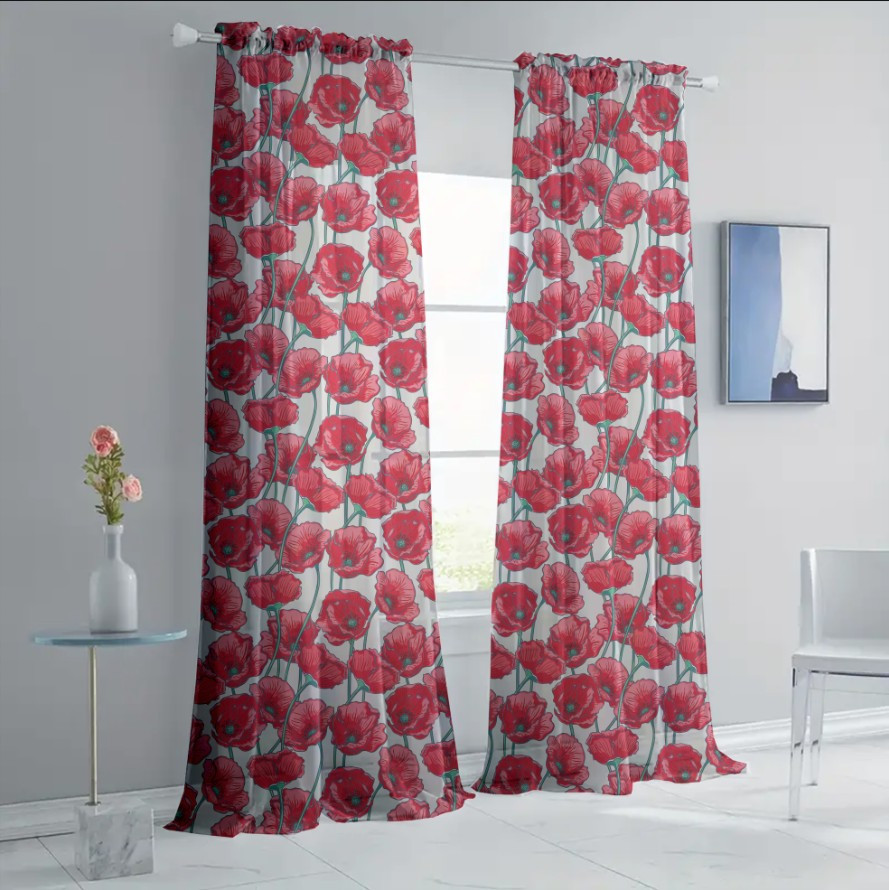 Гардина тюль комплект з 2х шт червоні маки 001