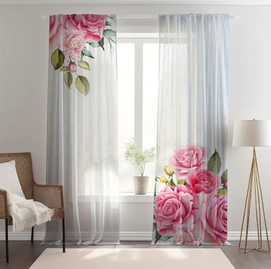 Гардина тюль комплект з 2х шт рожеві троянди на білому фоні 002