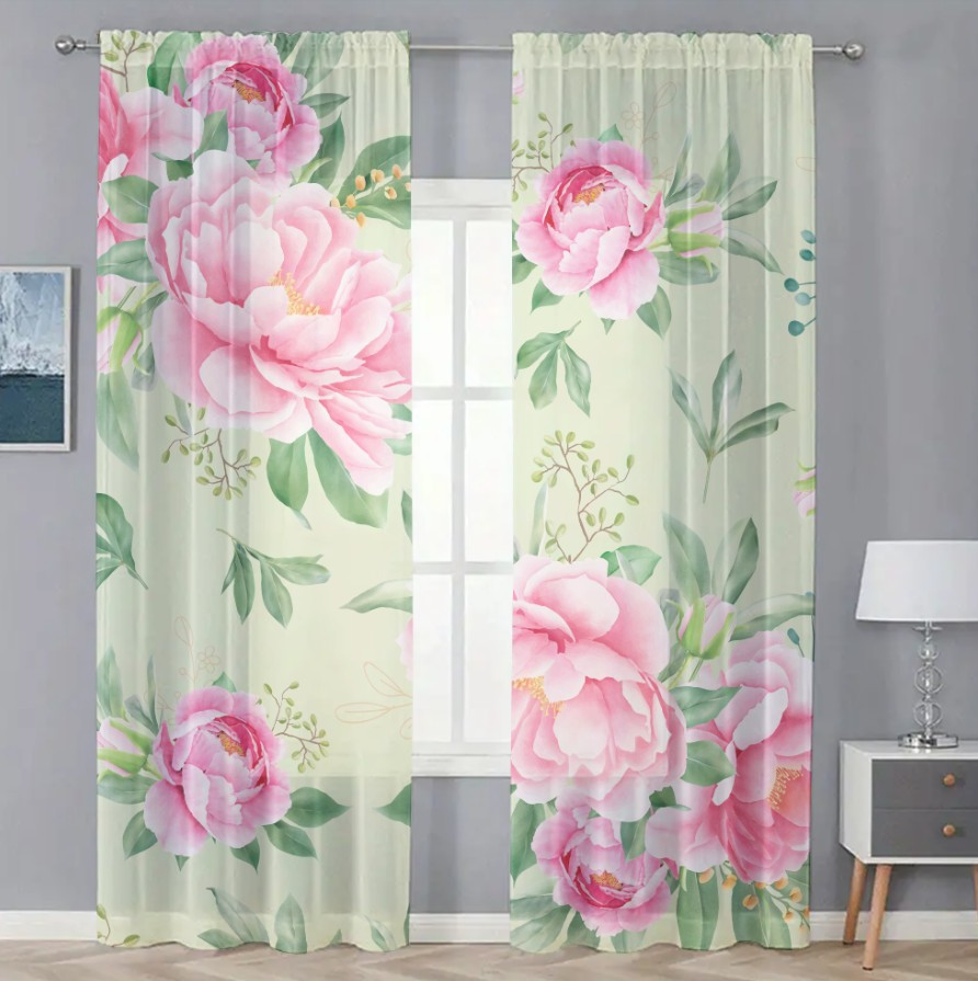 Гардина тюль комплект з 2х шт рожеві півонії на зеленому фоні