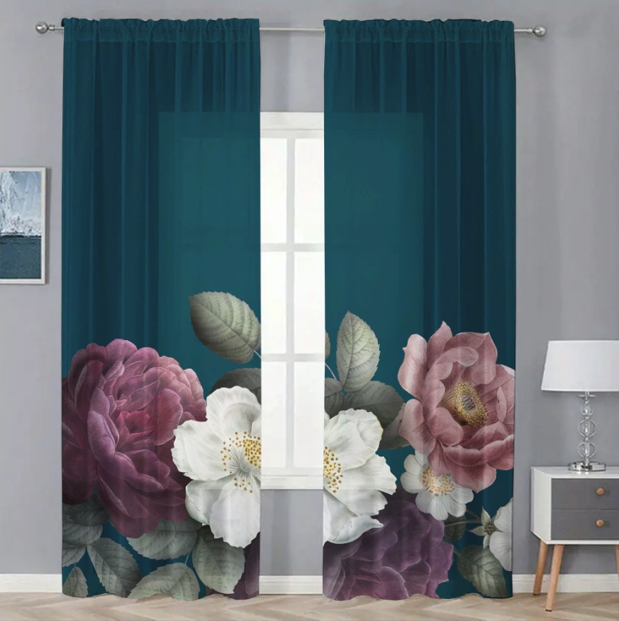 Гардина тюль комплект з 2х шт Півонії і яблуневий цвіт фон морської хвилі