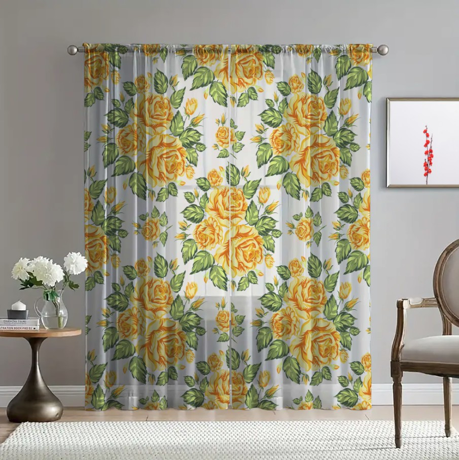 Гардина тюль комплект з 2х шт жовті троянди на білому фоні