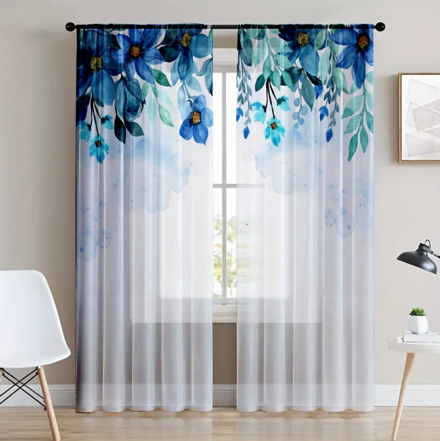 Гардина тюль комплект з 2х шт блакитні квіти акварель верх з димкою