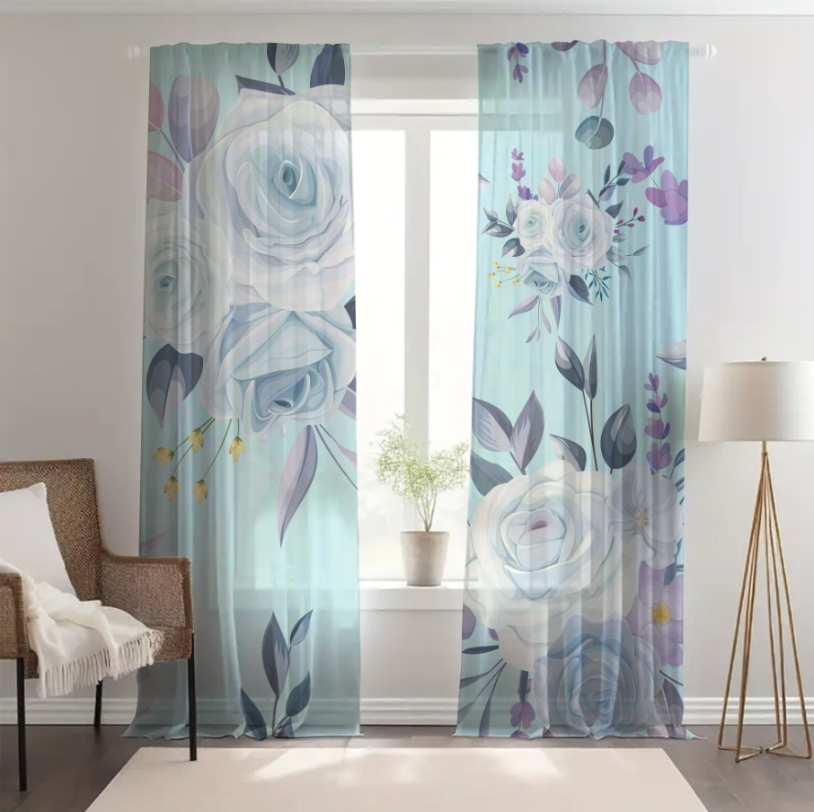 Гардина тюль комплект з 2х шт блакитні і білі троянди на блакитному фоні