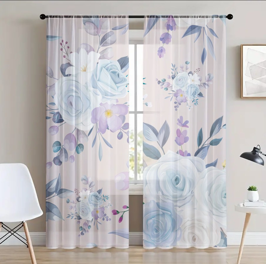 Гардина тюль комплект з 2х шт білі троянди на рожевому фоні