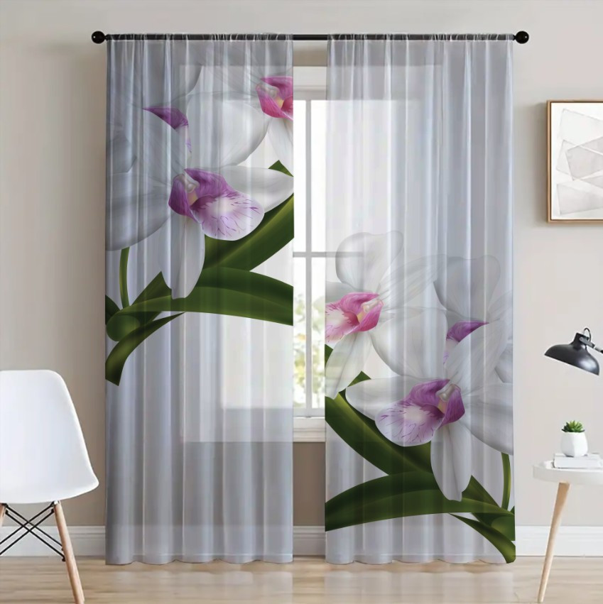 Гардина тюль комплект з 2х шт білі орхідеї