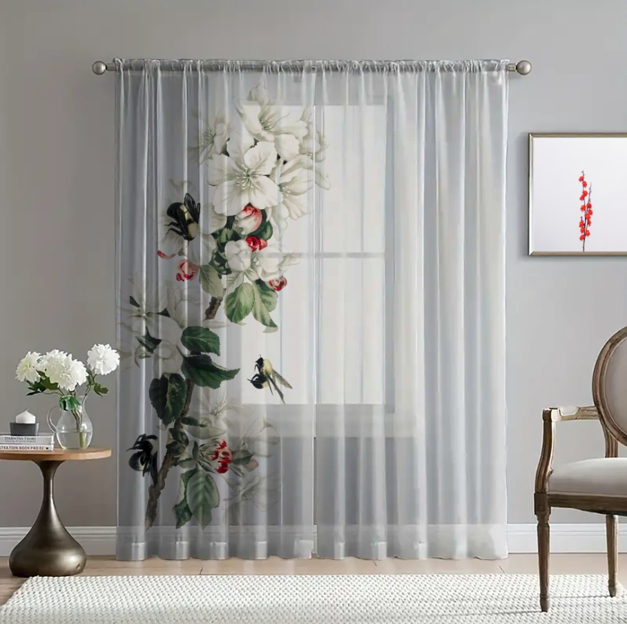 Гардина тюль комплект з 2х шт яблуневий цвіт зі шмелем