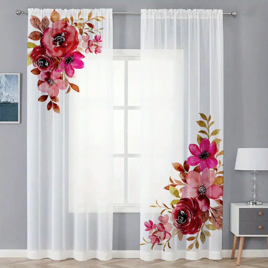 Гардина тюль комплект з 2х шт Червоні великі квіти акварель 02