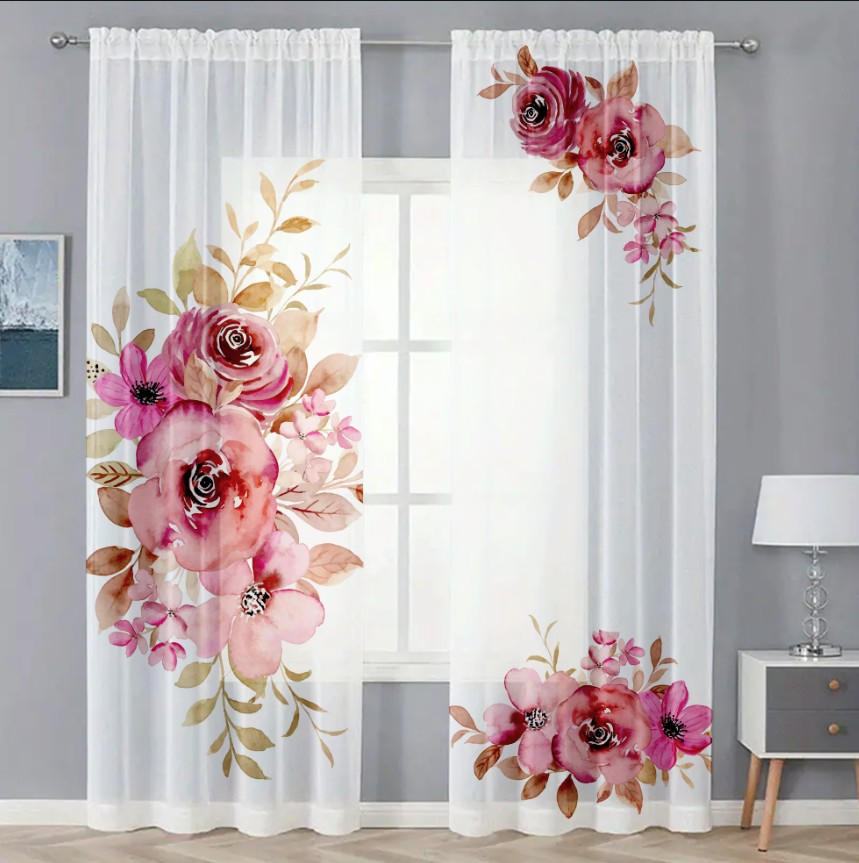 Гардина тюль комплект з 2х шт Червоні великі квіти акварель 03