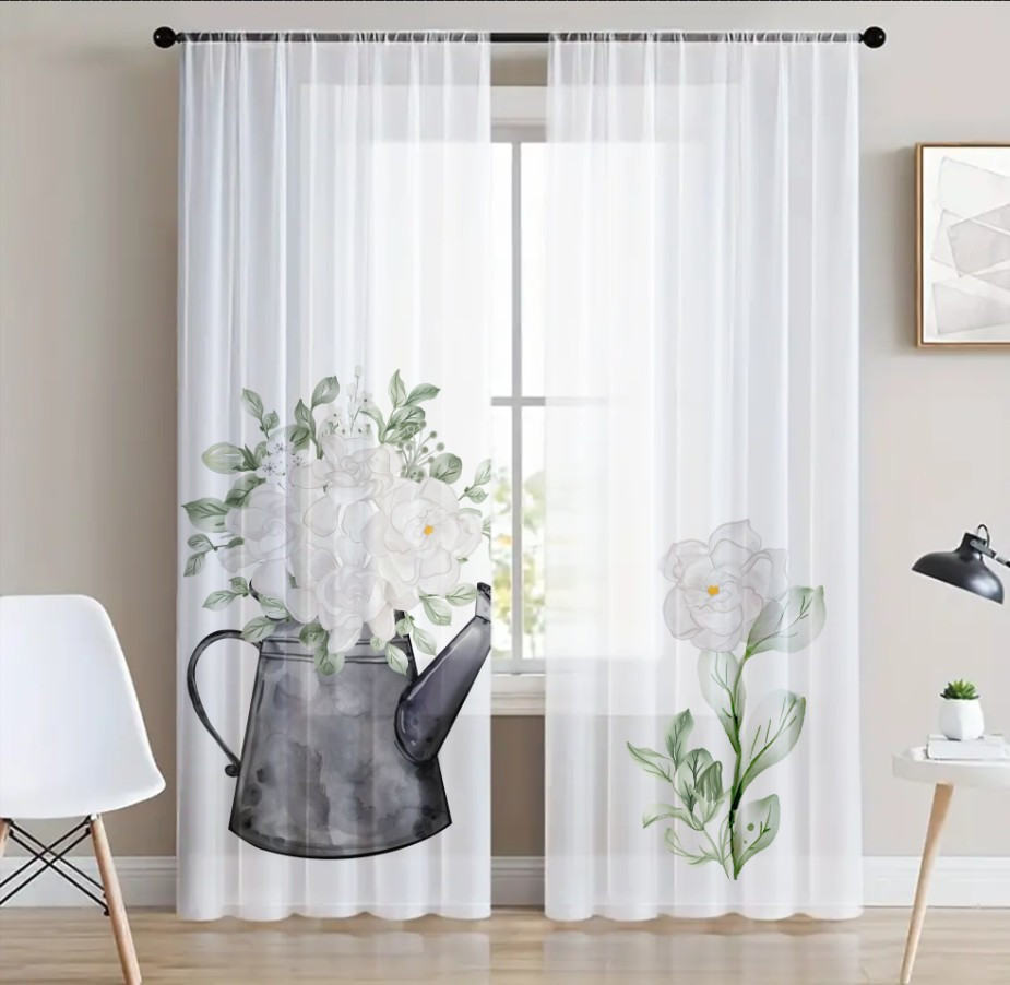 Гардина тюль комплект з 2х шт садова лейка і білі квіти 01