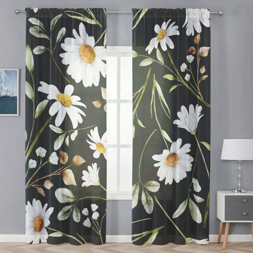 Гардина тюль комплект з 2х шт ромашки на чорному фоні 11