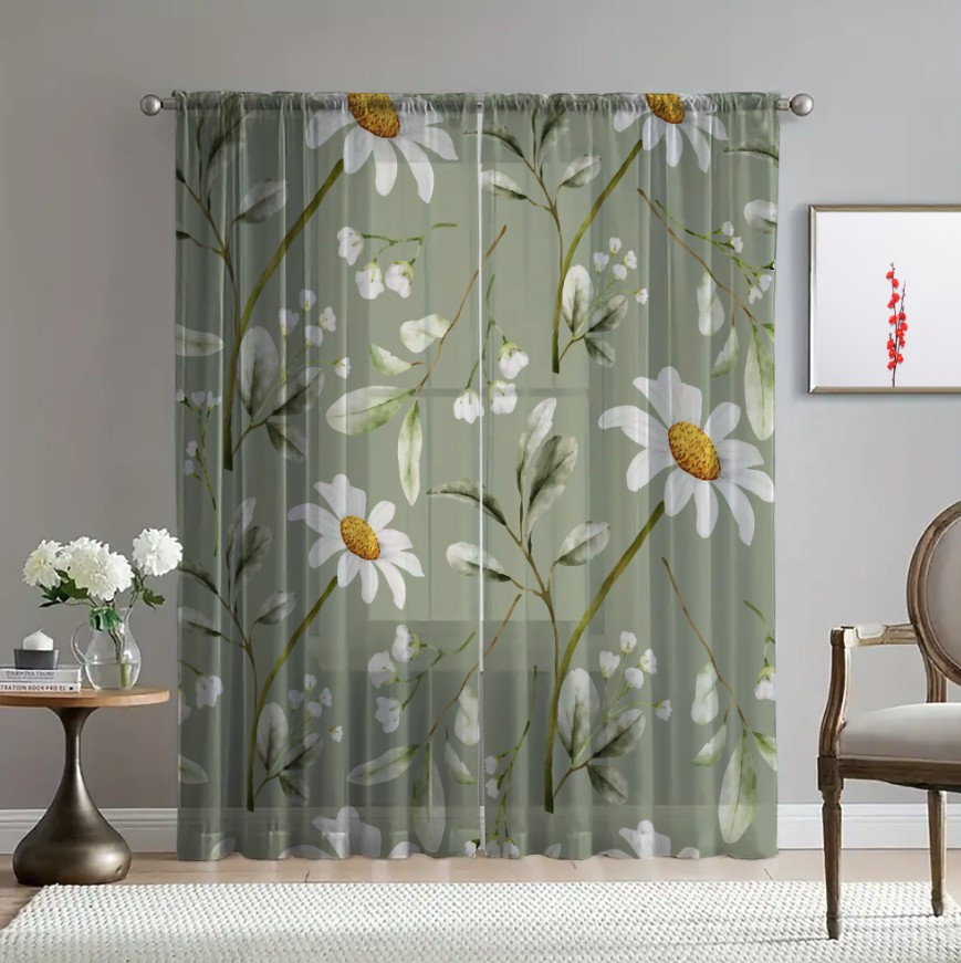 Гардина тюль комплект з 2х шт ромашки на оливковому фоні