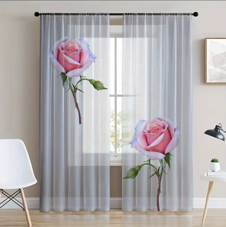 Гардина тюль комплект з 2х шт рожева троянда велика 65