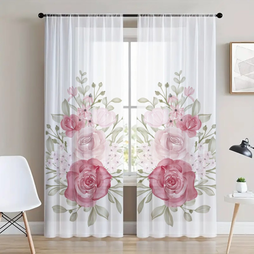 Гардина тюль комплект з 2х шт рожеві троянди акварельні