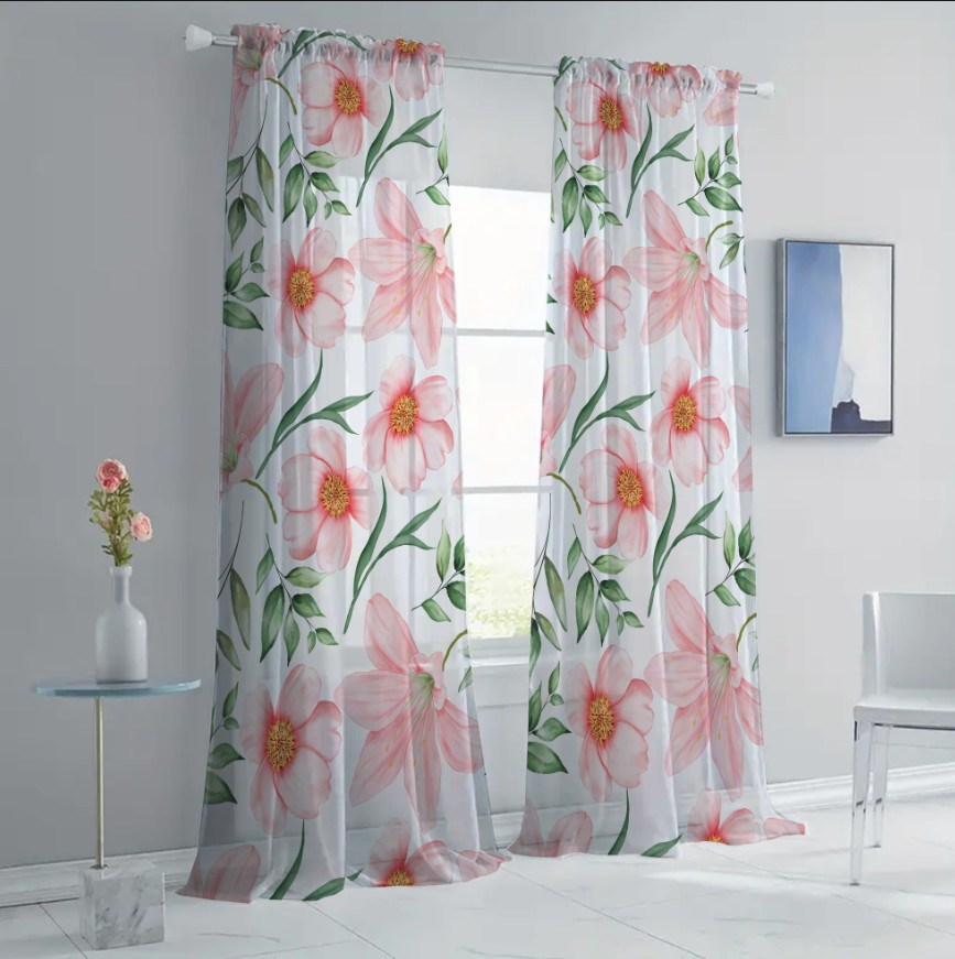 Гардина тюль комплект з 2х шт рожеві лілеї і маргаритки