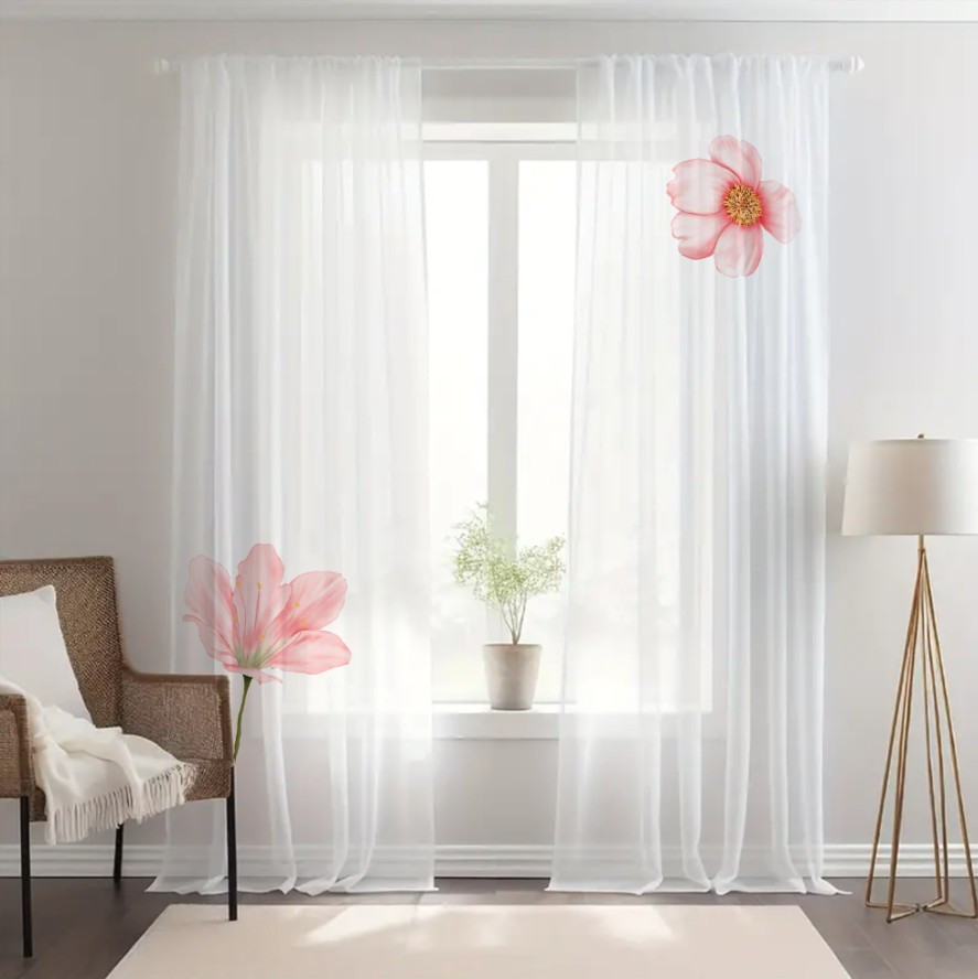 Гардина тюль комплект з 2х шт рожеві квіти на мінімалістичному білому фоні