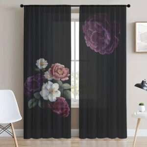 Гардина тюль комплект з 2х шт Півонії і яблуневий цвіт на чорному фоні