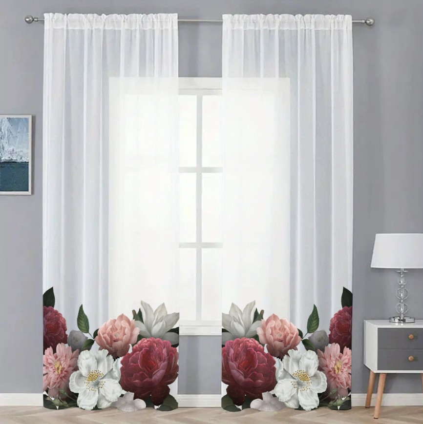 Гардина тюль комплект з 2х шт Півонії і яблуневий цвіт на білому фоні