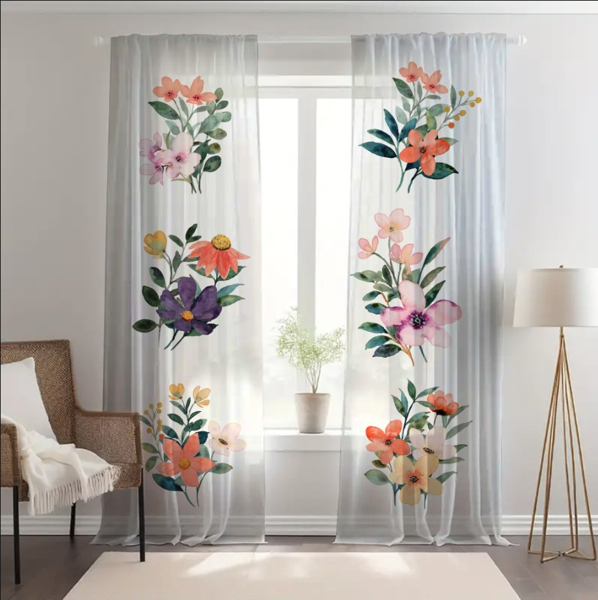 Гардина тюль комплект з 2х шт ніжні маленькі букети квітів акварель