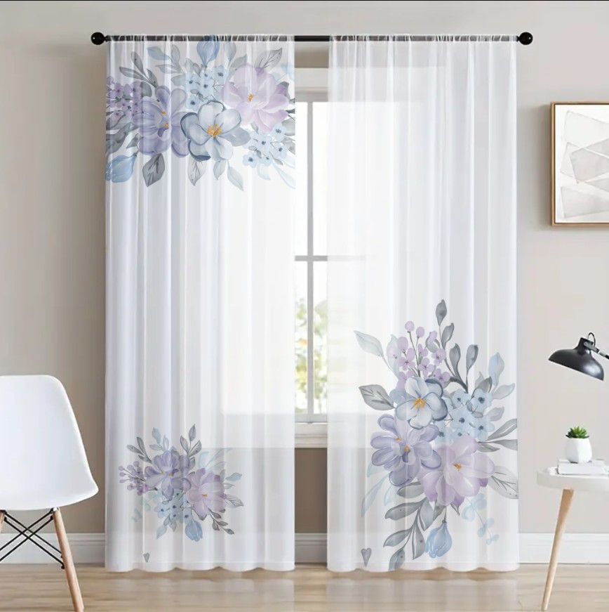 Гардина тюль комплект з 2х шт ніжні акварельні квіти в бузкових тонах