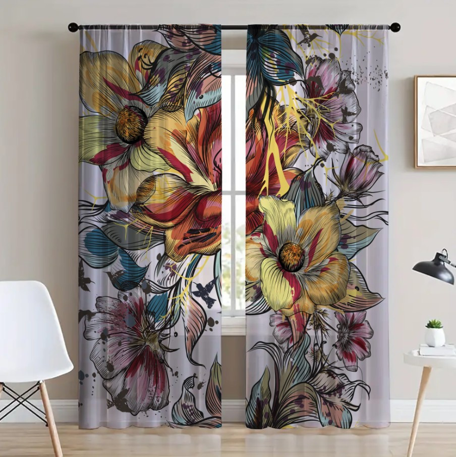 Гардина тюль комплект з 2х шт великі мальовані квіти