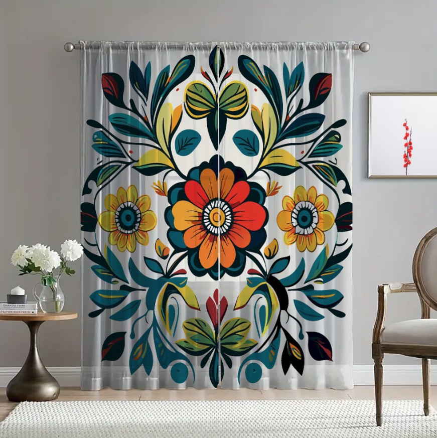 Гардина тюль комплект з 2х шт великі квіти малюнок розпис