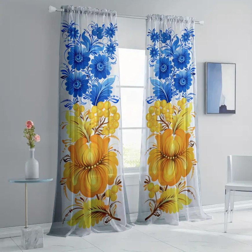 Гардина тюль комплект з 2х шт в українському стилі жовто блакитні квіти