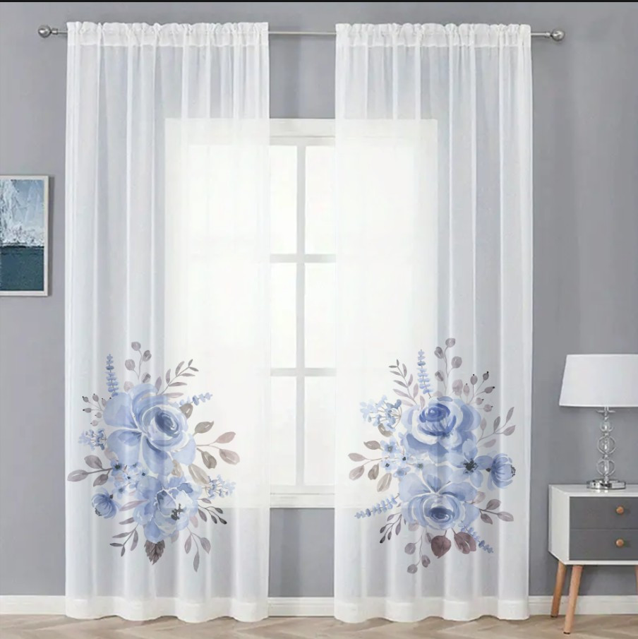 Гардина тюль комплект з 2х шт блакитні троянди 002