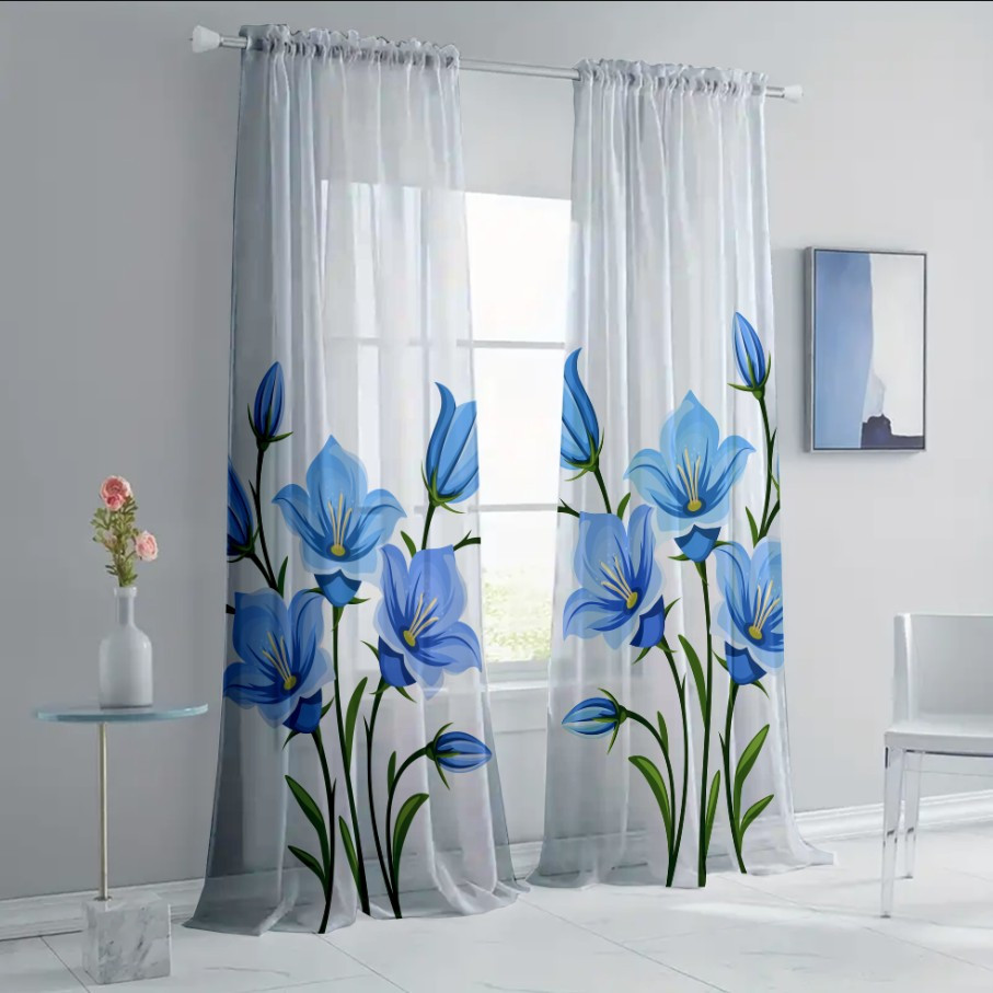 Гардина тюль комплект сині дзвіночки і зелене листя