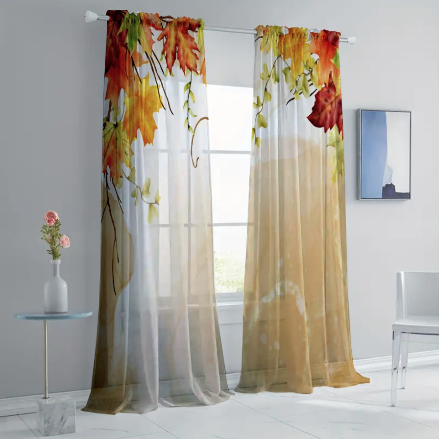 Гардина тюль комплект осіннє листя на акварельному фоні