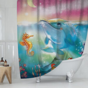 Штора для ванної з 3D принтом Дельфін і Морський коник арт малюнок 150х200 см.