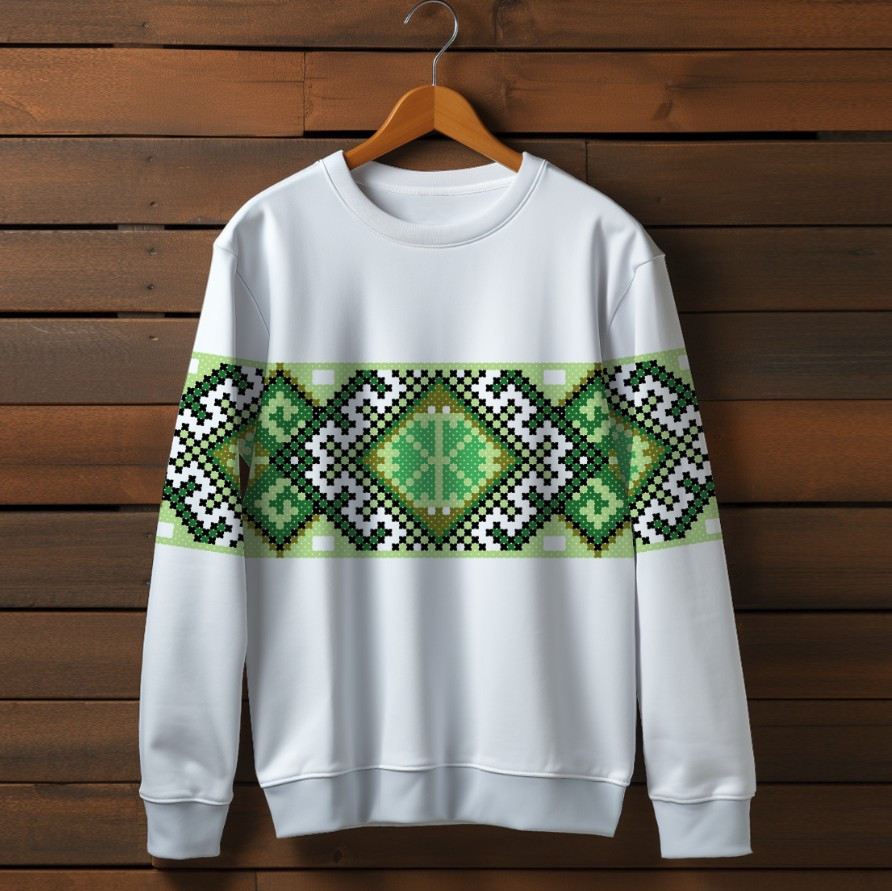 Білий світшот з принтом Вишиванка зелений етнічний орнамент. Дорослі та дитячі розміри ВСІ Розміри Преміум тканина