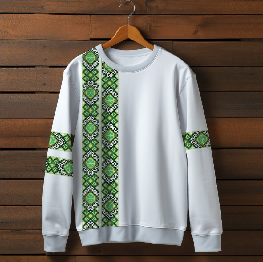 Білий світшот з принтом Вишиванка зелений орнамент. Дорослі та дитячі розміри ВСІ Розміри Преміум тканина