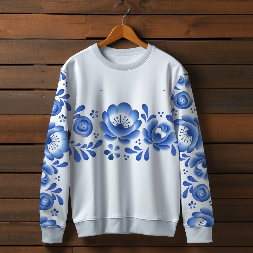 Білий світшот із принтом блакитний квітковий орнамент. Дорослі та дитячі розміри ВСІ Розміри Преміум тканина