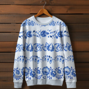 Білий світшот із принтом блакитний квітковий орнамент 01. Дорослі та дитячі розміри ВСІ Розміри Преміум тканина