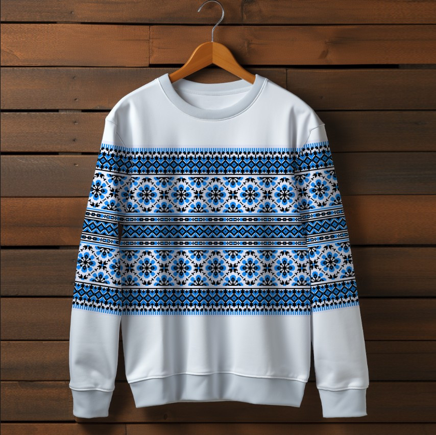 Білий світшот із принтом Вишиванка блакитний орнамент. Дорослі та дитячі розміри ВСІ Розміри Преміум тканина