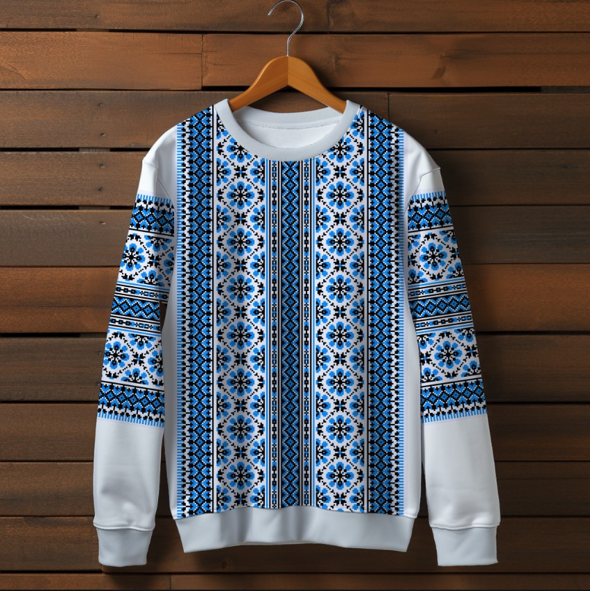 Білий світшот із принтом Вишиванка синій орнамент. Дорослі та дитячі розміри ВСІ Розміри Преміум тканина