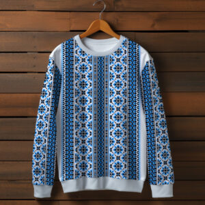 Білий світшот з принтом етнічна Вишиванка синій орнамент. Дорослі та дитячі розміри ВСІ Розміри Преміум тканина
