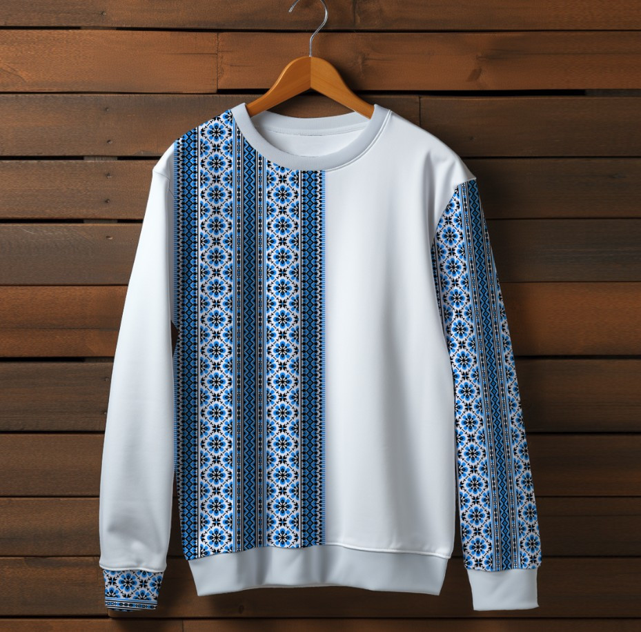 Білий світшот з принтом етнічна Вишиванка синій орнамент 01. Дорослі та дитячі розміри ВСІ Розміри Преміум тканина