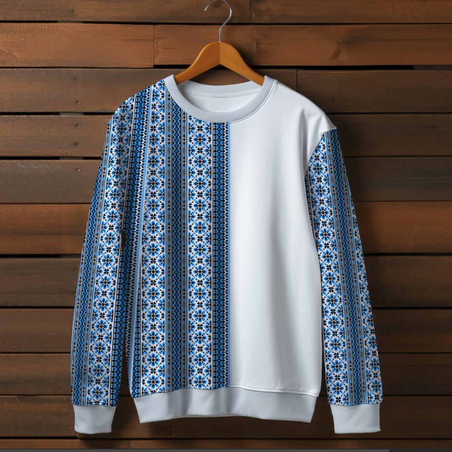 Білий світшот з принтом етнічна Вишиванка синій орнамент 02. Дорослі та дитячі розміри ВСІ Розміри Преміум тканина