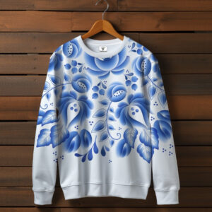 Білий світшот із принтом блакитний квітковий орнамент 02. Дорослі та дитячі розміри ВСІ Розміри Преміум тканина