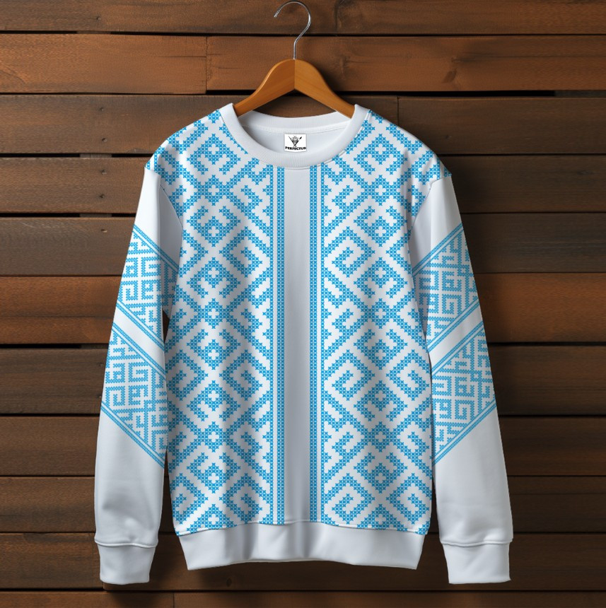 Білий світшот з принтом Вишиванка блакитний орнамент 01. Дорослі та дитячі розміри ВСІ Розміри Преміум тканина