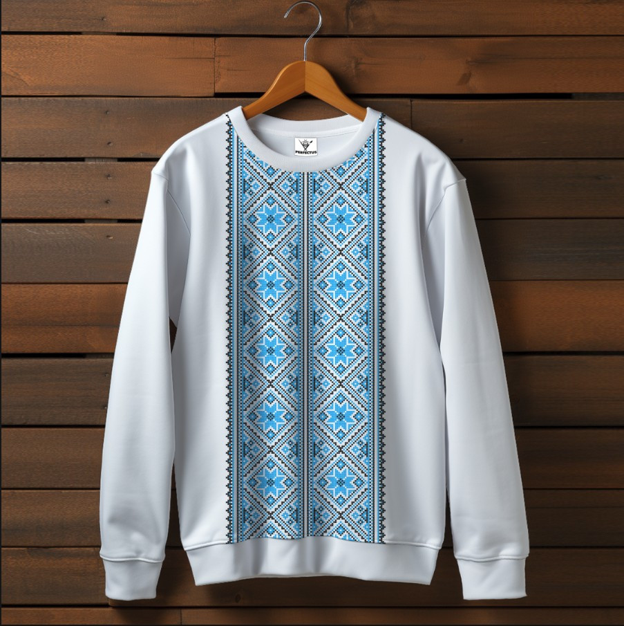 Білий світшот з принтом Вишиванка блакитний орнамент 02. Дорослі та дитячі розміри ВСІ Розміри Преміум тканина