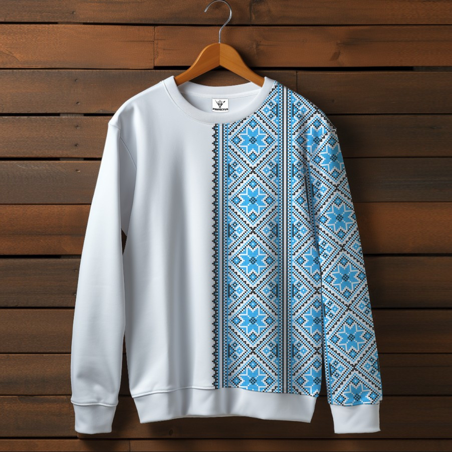 Білий світшот з принтом Вишиванка блакитний орнамент 03. Дорослі та дитячі розміри ВСІ Розміри Преміум тканина