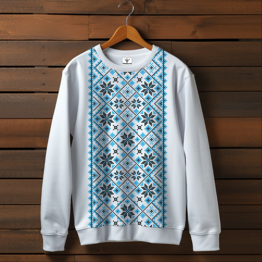 Білий світшот з принтом Вишиванка блакитний орнамент 04. Дорослі та дитячі розміри ВСІ Розміри Преміум тканина