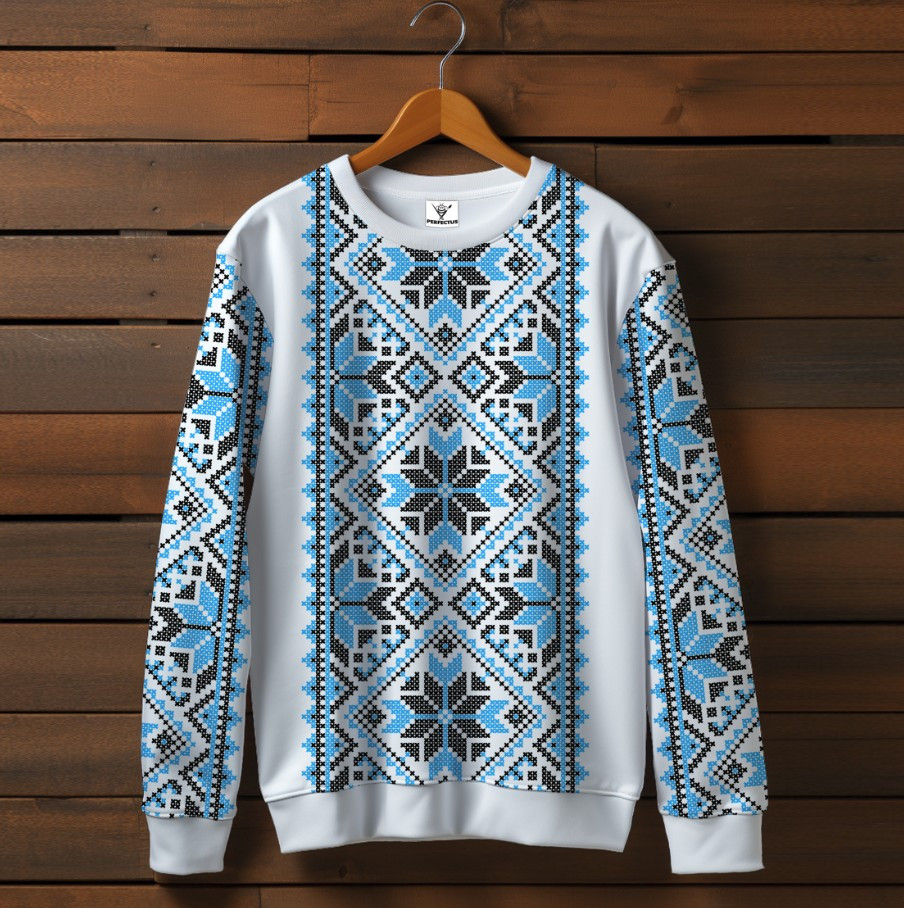 Білий світшот з принтом Вишиванка блакитний орнамент 05. Дорослі та дитячі розміри ВСІ Розміри Преміум тканина