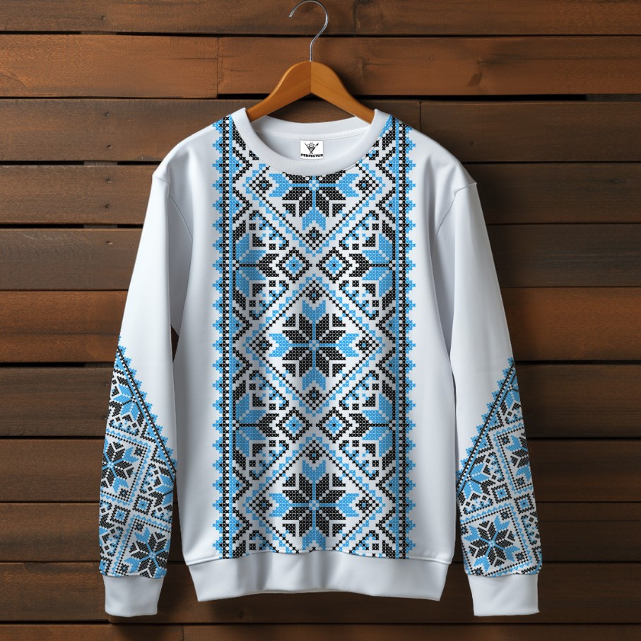 Білий світшот з принтом Вишиванка блакитний орнамент 06. Дорослі та дитячі розміри ВСІ Розміри Преміум тканина