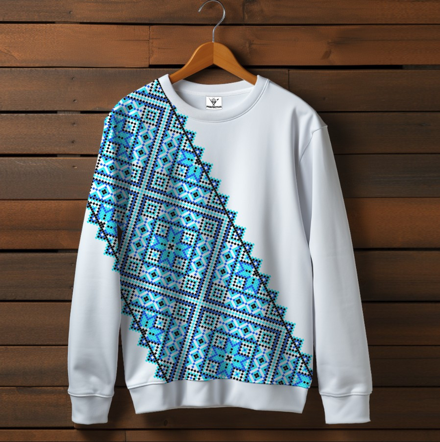 Білий світшот з принтом Вишиванка блакитний орнамент 07. Дорослі та дитячі розміри ВСІ Розміри Преміум тканина